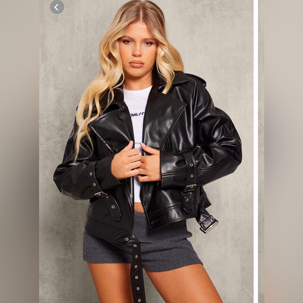 NWT Women’s Black Faux Trench Leather Moto Jacket size 10